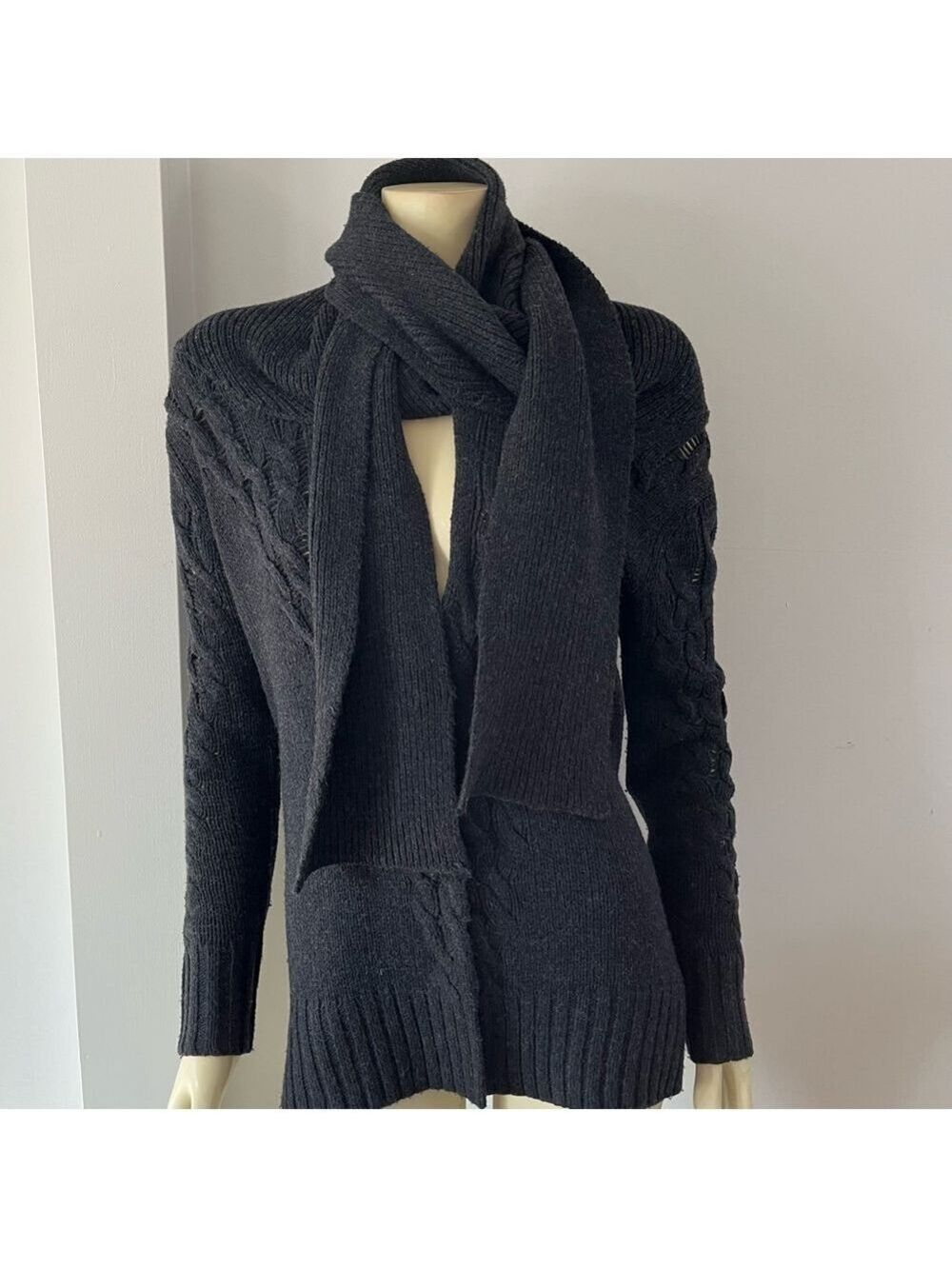 Poleci Women’s Cable Knit Cardigan V Neck Sweater With Attached Scarf Grey M